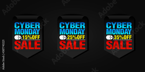 Cyber monday set of sale badges 15%, 25%, 35% off. Vector illustration