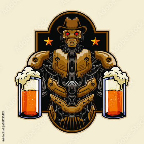 cowboy robot bring glass of beer illustration badge