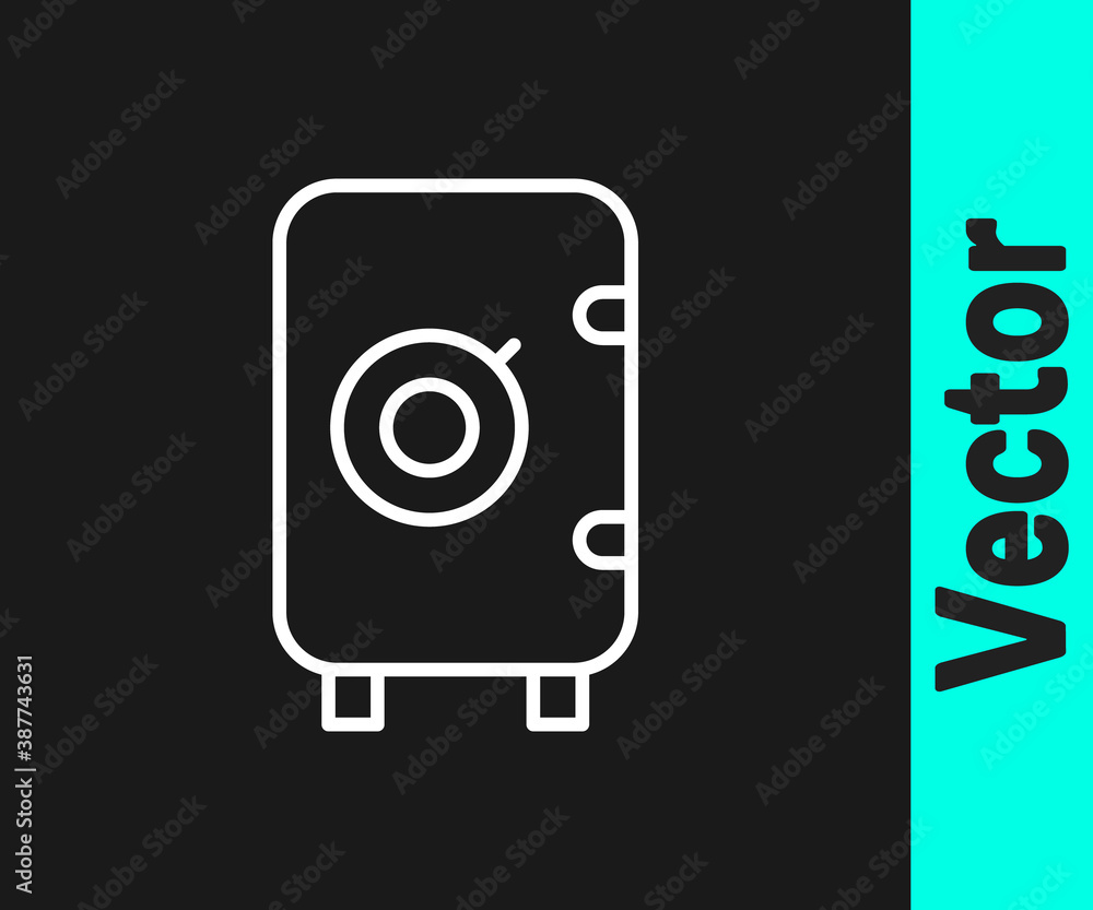 White line Safe icon isolated on black background. The door safe a bank vault with a combination lock. Reliable Data Protection. Vector. White line Safe icon isolated on black background. The door safe a bank vault with a combination lock. Reliable Data Protection. Vector.