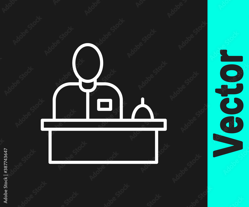 White line Receptionist standing at hotel reception desk icon isolated on black background. Vector. White line Receptionist standing at hotel reception desk icon isolated on black background. Vector.