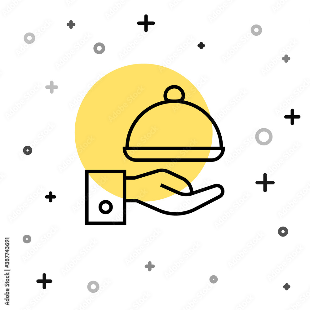 Black line Covered with a tray of food icon isolated on white background. Tray and lid sign. Restaurant cloche with lid. Random dynamic shapes. Vector. Black line Covered with a tray of food icon isolated on white background. Tray and lid sign. Restaurant cloche with lid. Random dynamic shapes. Vector.