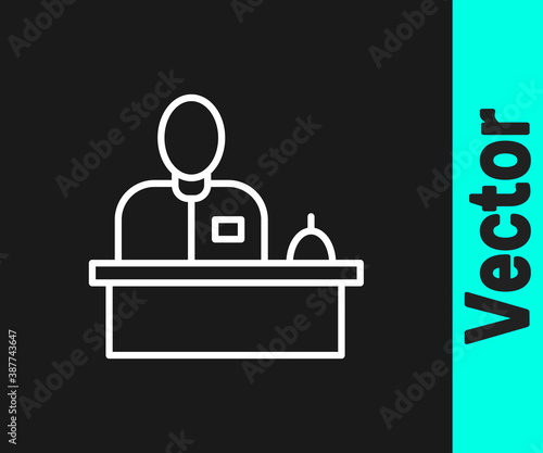 White line Receptionist standing at hotel reception desk icon isolated on black background. Vector.
