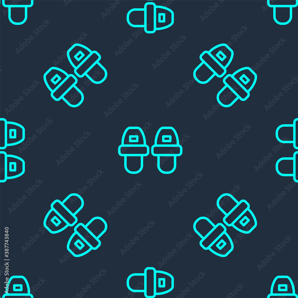 Green line Hotel slippers icon isolated seamless pattern on blue background. Flip flops sign. Vector. Green line Hotel slippers icon isolated seamless pattern on blue background. Flip flops sign. Vector.