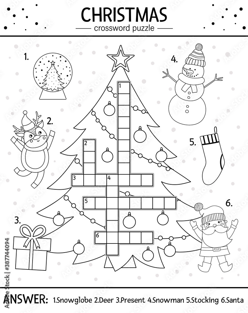 Vector Christmas black and white crossword puzzle for kids. Simple quiz with winter holiday
