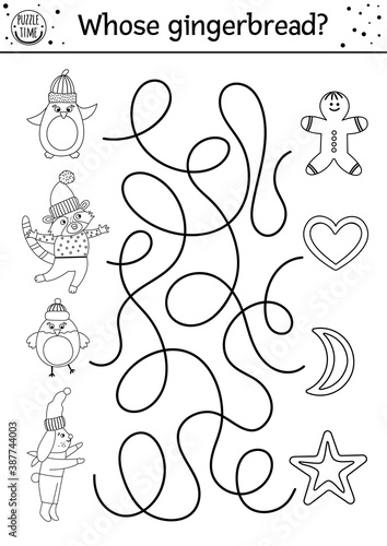 Christmas black and white maze for children. Winter new year preschool printable educational activity. Funny holiday game or coloring page with cute animals and cookies. Whose gingerbread? .