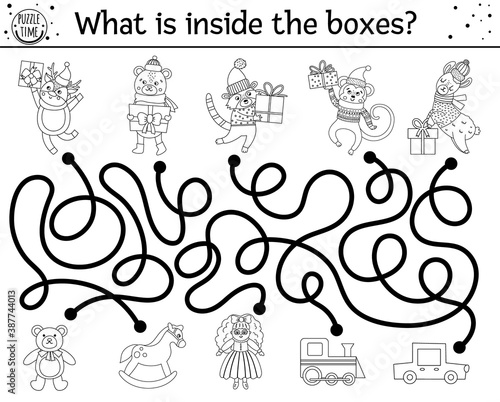 Christmas black and white maze for children. Winter new year preschool printable educational activity. Funny holiday game or coloring page with cute animals, presents and toys. What is inside the box?
