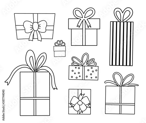 Vector black and white set of cute presents with bows. Funny birthday or Christmas gift boxes collection. Bright holiday illustration for kids. Cheerful celebration coloring page..