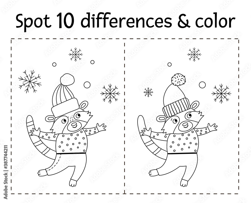 Christmas find differences game and color for children. Winter