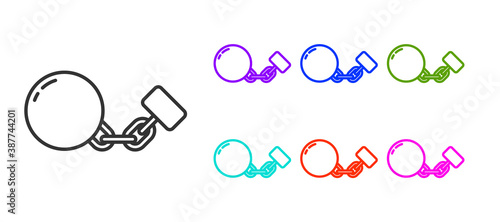 Black line Ball on chain icon isolated on white background. Set icons colorful. Vector.