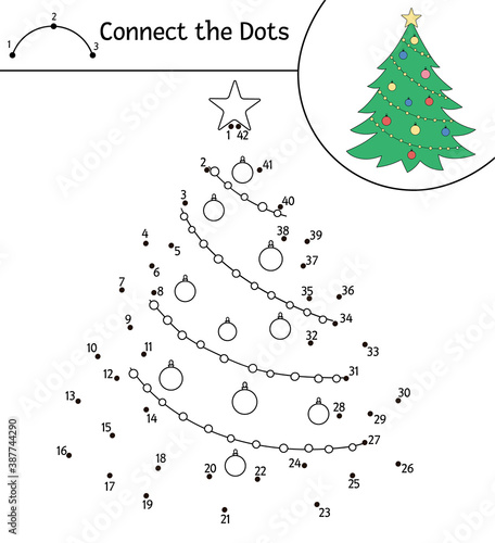 Vector Christmas dot-to-dot and color activity with cute fir tree. Winter holiday connect the dots game for children. Funny coloring page for kids with traditional New Year symbol. .