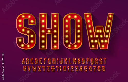Show alphabet font. 3D letters and numbers with light bulbs and shadows. Vector typeface for your design.
