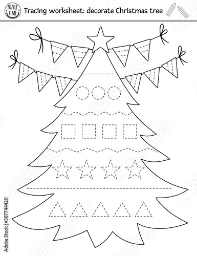 Vector Christmas handwriting practice worksheet. Winter printable black and white activity for pre-school children. Educational tracing game for writing skills. Decorate New Year tree .