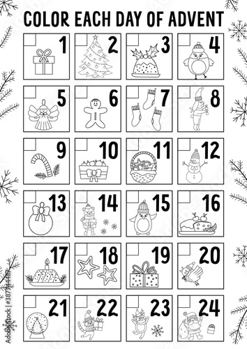Vector black and white Christmas advent calendar with traditional holiday symbols. Cute winter planner for kids. Festive poster or coloring page design with Santa Claus, fir tree, deer, present.