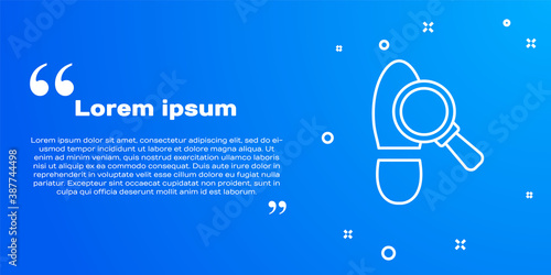 White line Magnifying glass with footsteps icon isolated on blue background. Detective is investigating. To follow in the footsteps. Vector.