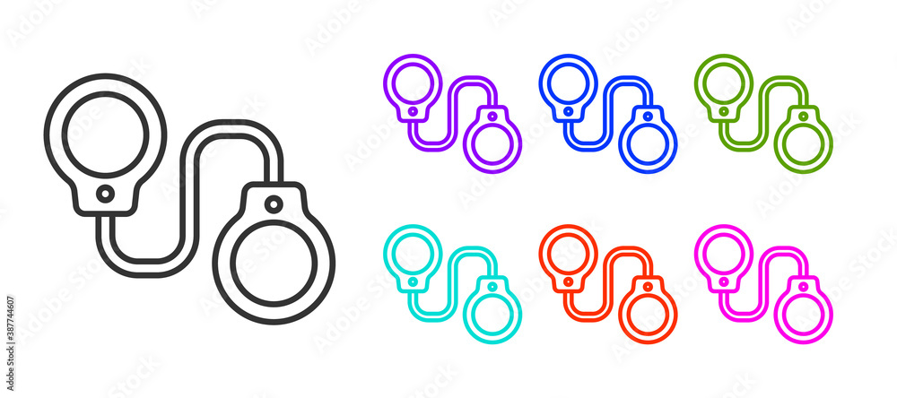Black line Handcuffs icon isolated on white background. Set icons colorful. Vector. Black line Handcuffs icon isolated on white background. Set icons colorful. Vector.