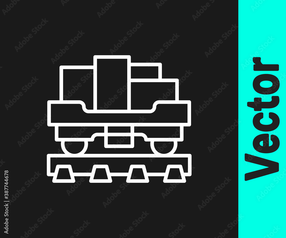 White line Cargo train wagon icon isolated on black background. Full freight car. Railroad transportation. Vector. White line Cargo train wagon icon isolated on black background. Full freight car. Railroad transportation. Vector.