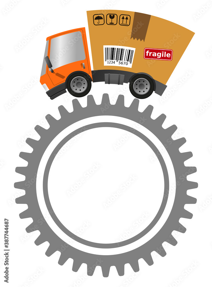 Delivery truck with cardboard box and gear Delivery truck with cardboard box and gear