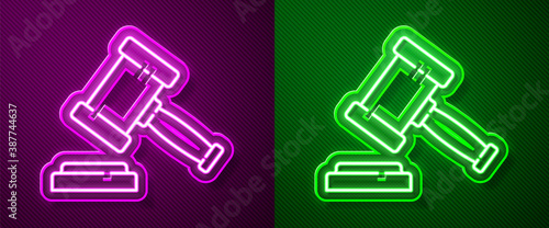 Glowing neon line Judge gavel icon isolated on purple and green background. Gavel for adjudication of sentences and bills, court, justice. Auction hammer. Vector.