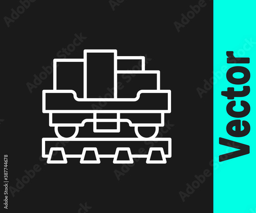 White line Cargo train wagon icon isolated on black background. Full freight car. Railroad transportation. Vector.