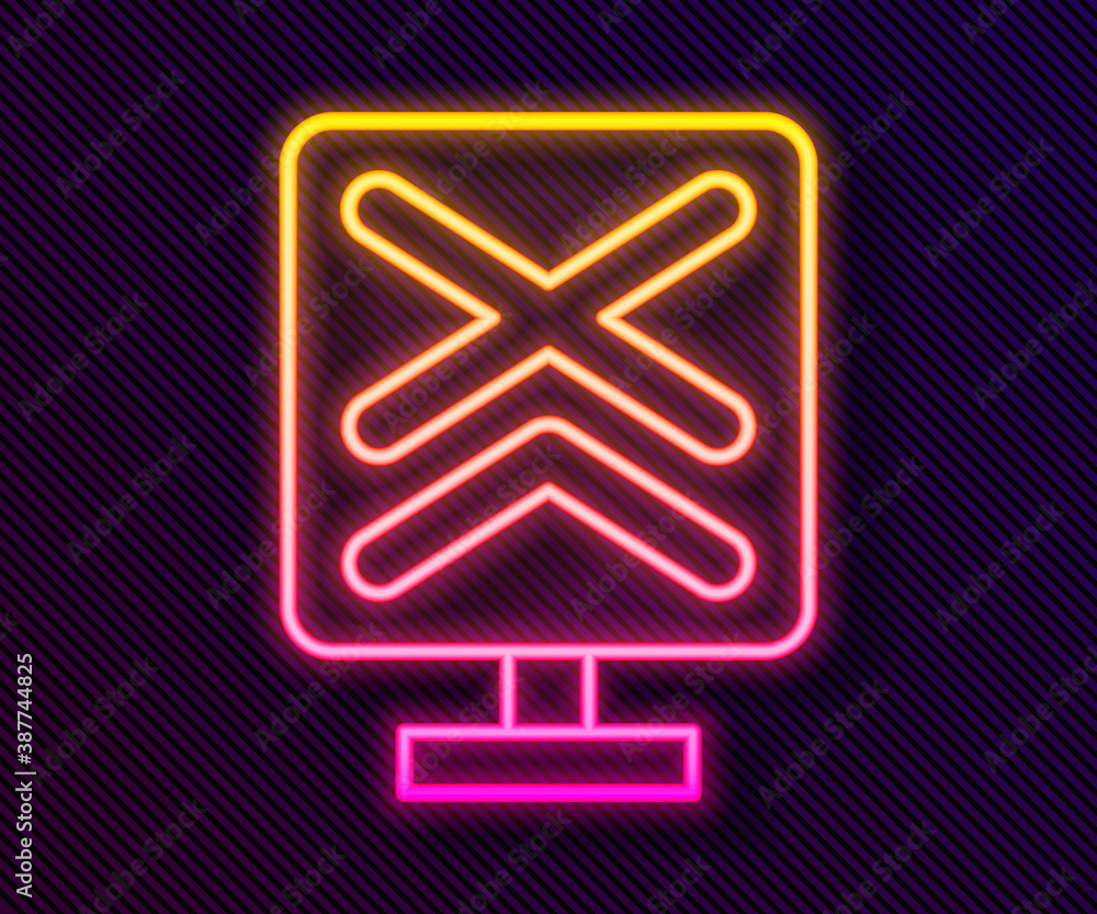 Glowing neon line Railroad crossing icon isolated on black background. Railway sign. Vector. Glowing neon line Railroad crossing icon isolated on black background. Railway sign. Vector.