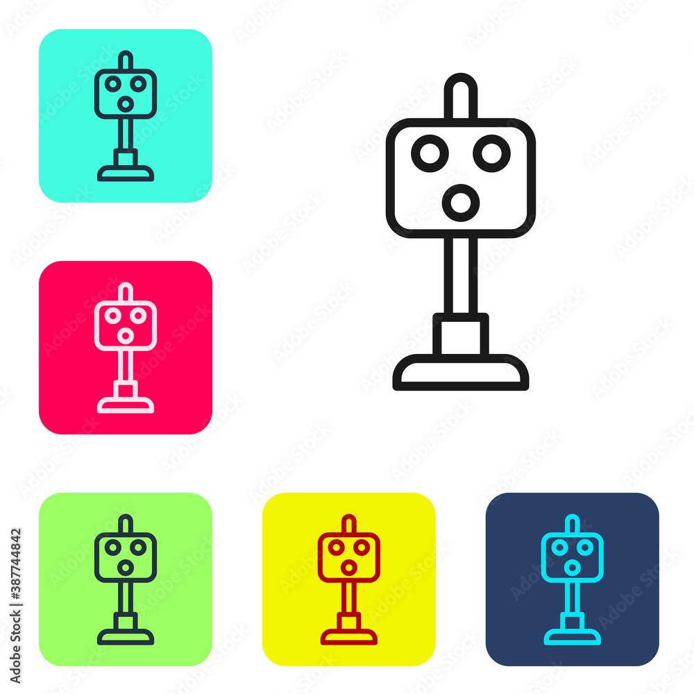Black line Train traffic light icon isolated on white background. Traffic lights for the railway to regulate the movement of trains. Set icons in color square buttons. Vector. Black line Train traffic light icon isolated on white background. Traffic lights for the railway to regulate the movement of trains. Set icons in color square buttons. Vector.