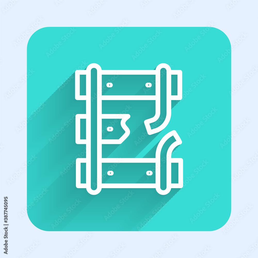 White line Broken or cracked rails on a railway icon isolated with long shadow. Green square button. Vector. White line Broken or cracked rails on a railway icon isolated with long shadow. Green square button. Vector.