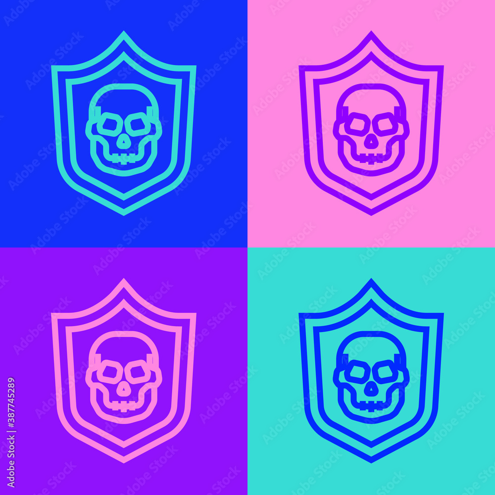 Pop art line Shield with pirate skull icon isolated on color background. Vector. Pop art line Shield with pirate skull icon isolated on color background. Vector.