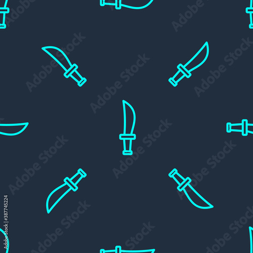 Green line Pirate sword icon isolated seamless pattern on blue background. Sabre sign. Vector.