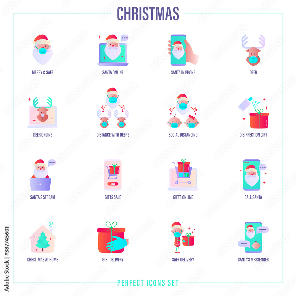 Christmas at new normal. Gradient flat icons set. Santa Claus online, video call with Santa, social distancing, using surgical masks, safety delivery, messenger with Santa. Vector illustration. Christmas at new normal. Gradient flat icons set. Santa Claus online, video call with Santa, social distancing, using surgical masks, safety delivery, messenger with Santa. Vector illustration.