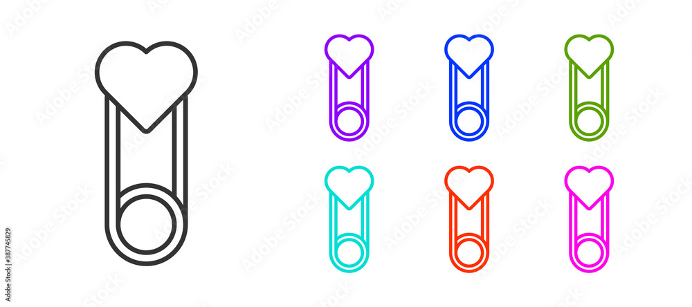 Black line Baby clothes pin icon isolated on white background. Classic closed steel safety pin. Set icons colorful. Vector. Black line Baby clothes pin icon isolated on white background. Classic closed steel safety pin. Set icons colorful. Vector.