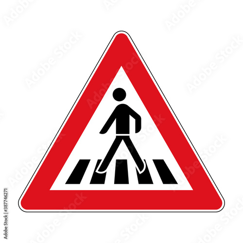 Pedestrian crossing traffic sign. Vector illustration of red triangular warning road sign about pedestrian crosswalk ahead. Warning about possibility of people appearing on road. 