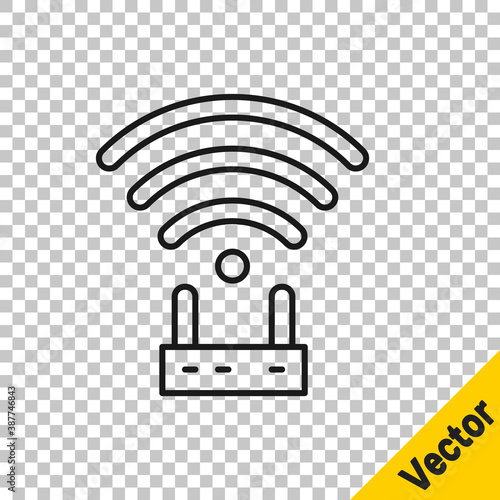 Black line Router and wi-fi signal icon isolated on transparent background. Wireless ethernet modem router. Computer technology internet. Vector.