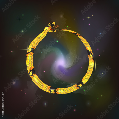 Golden snake Ouroboros, devouring its tail against the background of the cosmic galactic sky. Vector illustration.