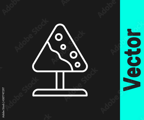 White line Road sign avalanches icon isolated on black background. Snowslide or snowslip rapid flow of snow down a sloping surface. Vector.