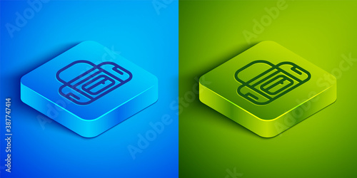 Isometric line Sport bag icon isolated on blue and green background. Square button. Vector.