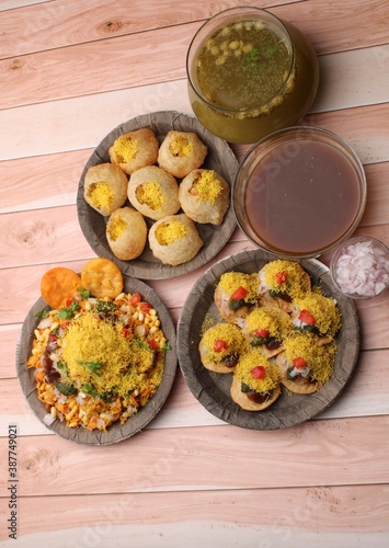 group of Bombay chat food includes golgappa/panipuri, bhel-puri, sev-poori.
