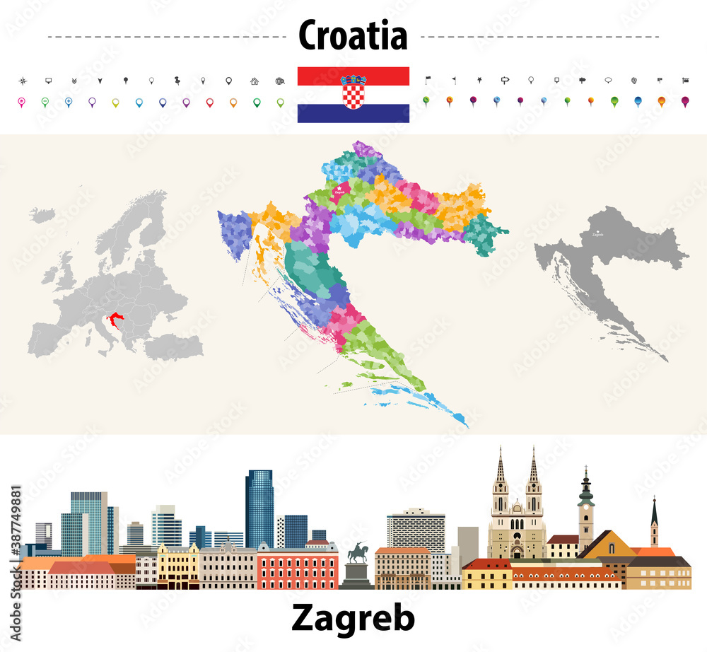 Croatia colored map consiting of counties and  municipalities. Zagreb cityscape. Vector illustration
