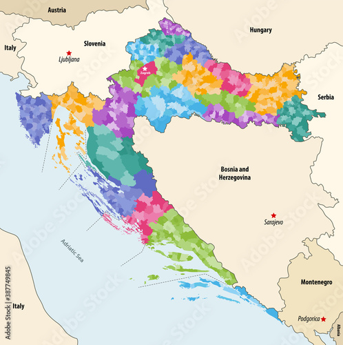 Croatia municipalities colored by counties vector map with neighbouring countries and territories photo