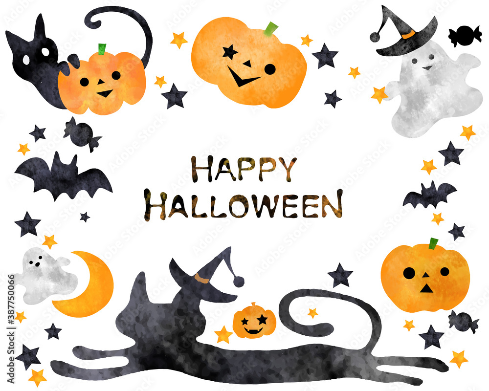 ハロウィンの水彩風イラストパーツ パンプキン 黒猫 Ilustracion De Stock Adobe Stock