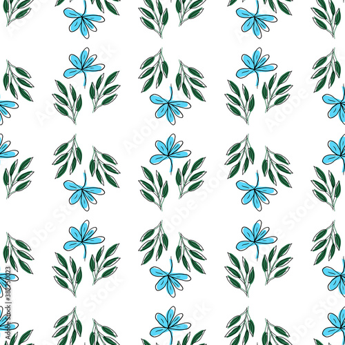 Vector seamless pattern with floral, repeating element. Pattern with a blue flower on a white background. Use in textiles, clothing, wallpaper, design, baby backgrounds, wrapping paper.
