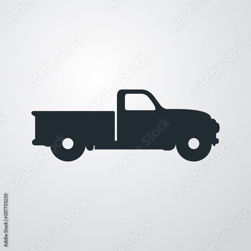 Icono plano silueta de vehículo pick up vintage en fondo gris