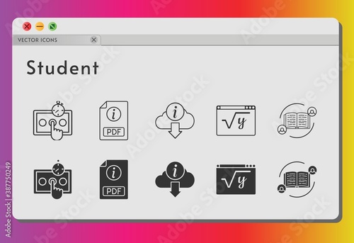 student icon set. included feedback, pdf, test, maths, information icons on white background. linear, filled styles.