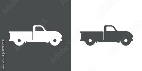 Icono plano silueta de vehículo pick up vintage en fondo gris y fondo blanco