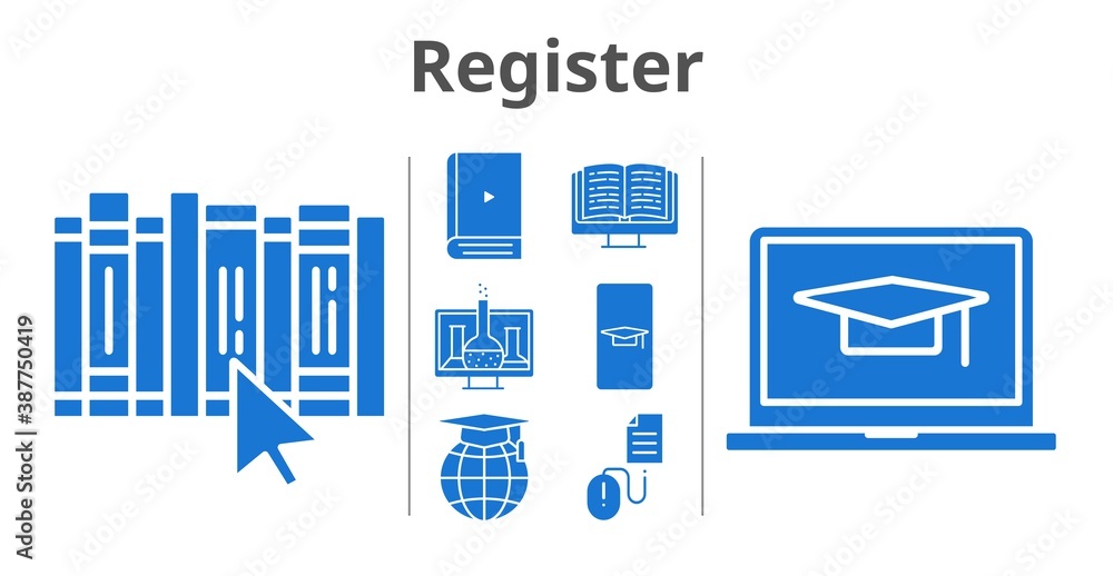 register set. included chemistry, student-smartphone, ebook, student-laptop, school, book, click icons. filled styles. register set. included chemistry, student-smartphone, ebook, student-laptop, school, book, click icons. filled styles.