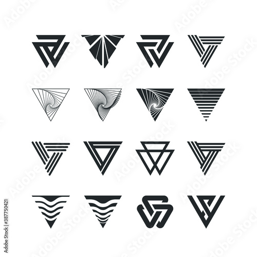 Triangle logo set collection - abstract prism geometric shape graphic geometry line futuristic polygonal layout marketing perspective corporate tech delta spectrum business
