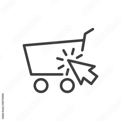 Símbolo de tienda en línea. Logotipo lineal con carrito de la compra con flecha de cursor en color gris