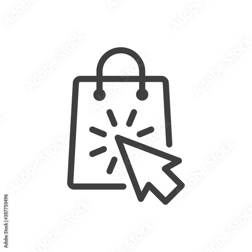 Símbolo de tienda en línea. Logotipo lineal con bolsa de la compra con flecha de cursor en color gris