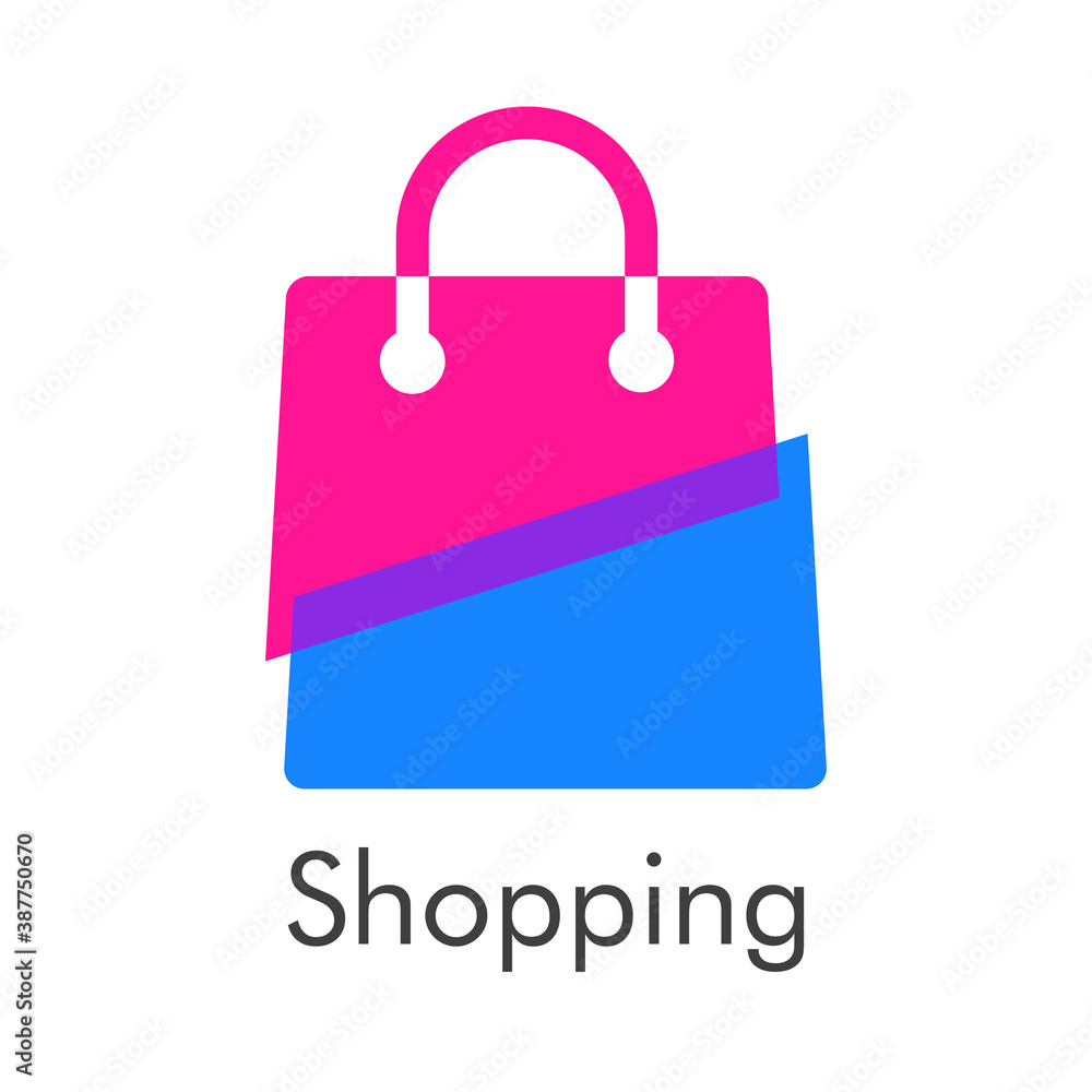 Vetor de Símbolo de tienda en línea. Logotipo con texto Shopping con bolsa  de la compra separada en piezas en azul y rosa do Stock | Adobe Stock