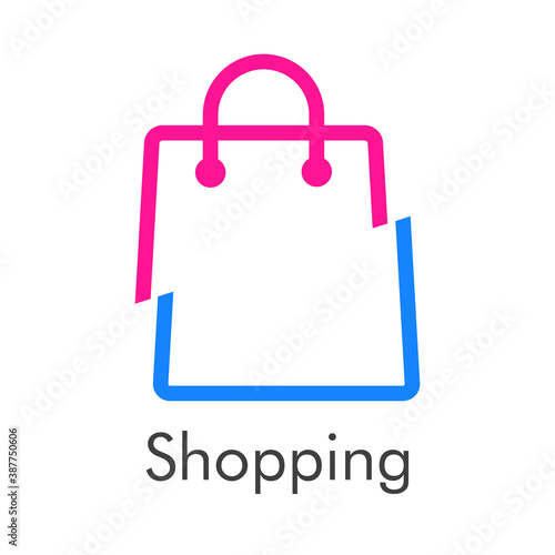 Símbolo de tienda en línea. Logotipo lineal con texto Shopping con bolsa de la compra separada en piezas en azul y rosa