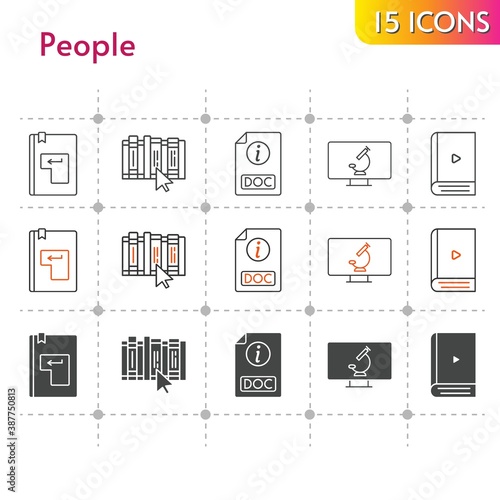 people icon set. included ebook, book, doc, enter, microscope icons on white background. linear, bicolor, filled styles.